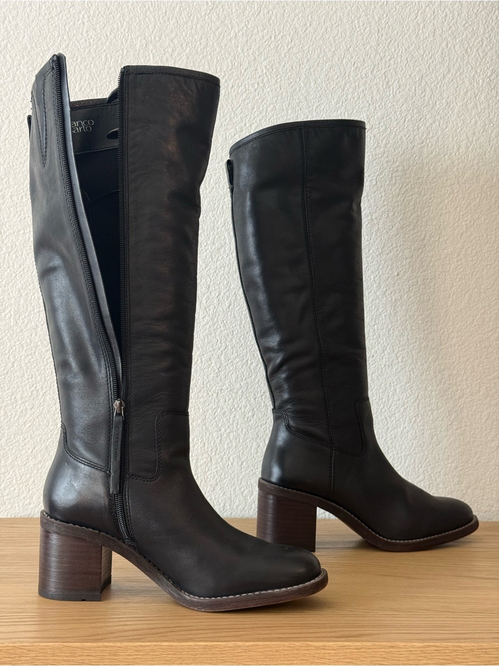 Franco Sarto Black Leather Knee-High Block Heel Boots